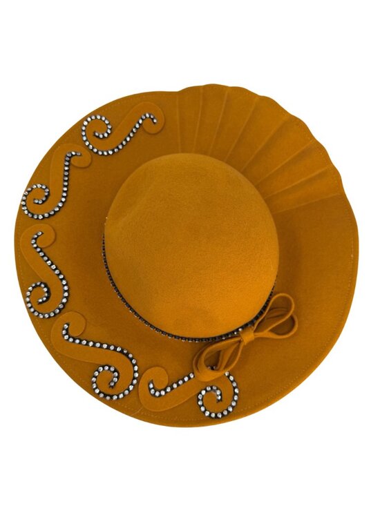 Mustard Wool Felt Wide Brim Hat Rhinestone Trim Bow‎ Bollman 1980s main image 5